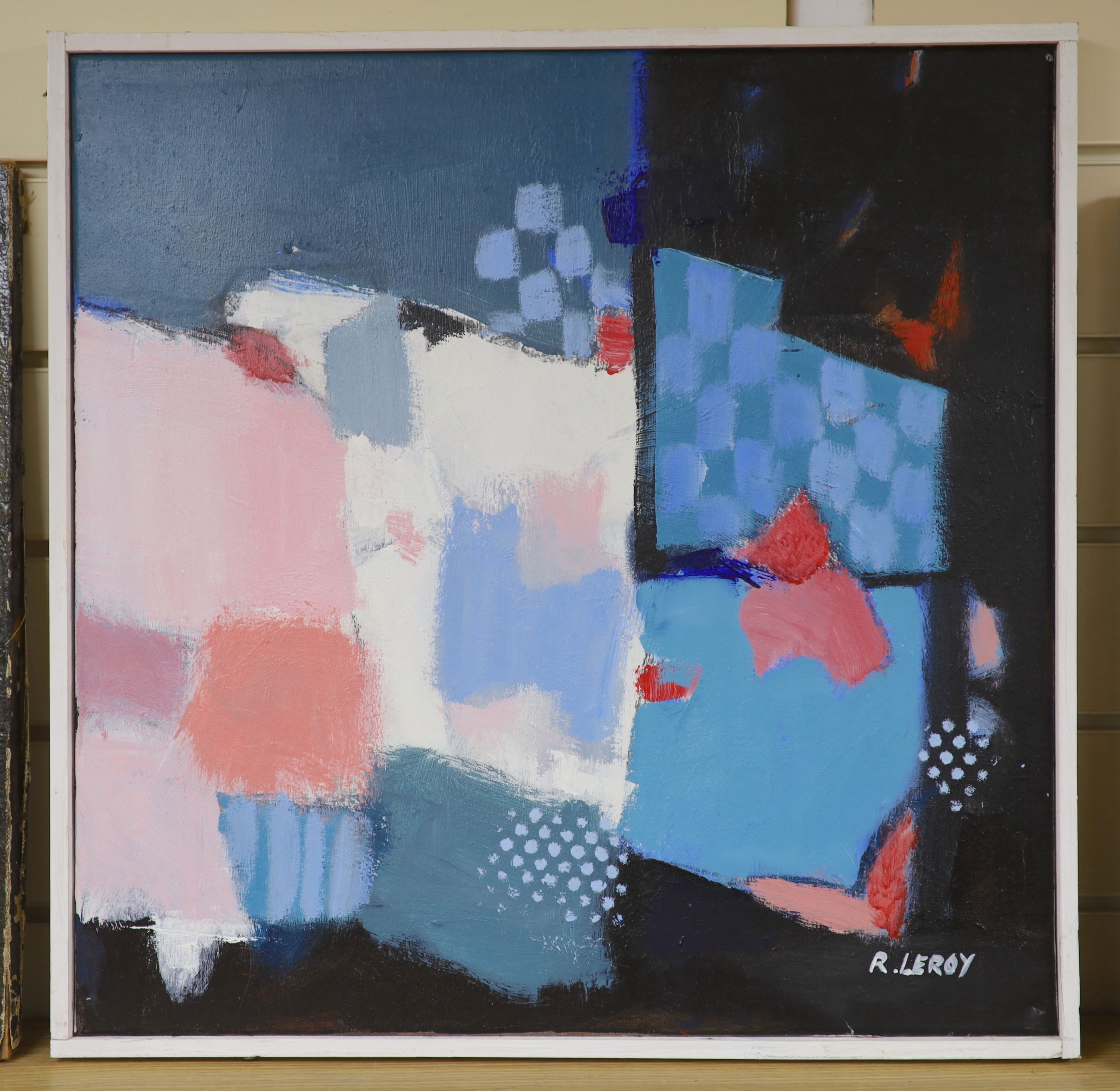 R.Leroy, abstract composition, oil on canvas, 20th century, framed, 52 x 52 cm, together with another (2).